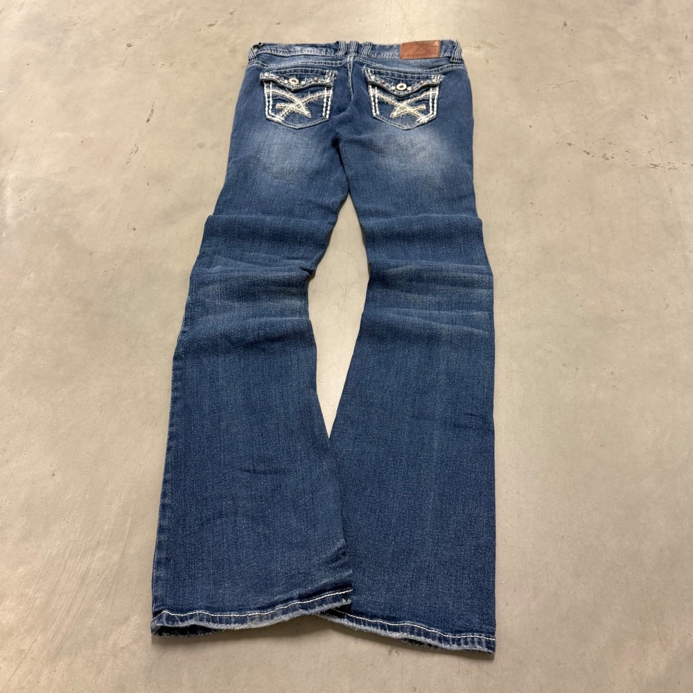 Amethyst Women Distressed Bootcut Jeans Blue Thick Stitch Flap Pocket 28x30